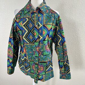 Vintage 80’s Women's Wanda D. Bold Print Button Up Shirt Size Small Made in USA